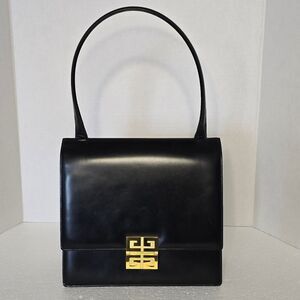Givenchy Black Calfskin Leather Gold Logo Magnetic Snap Closure Top Handle Bag